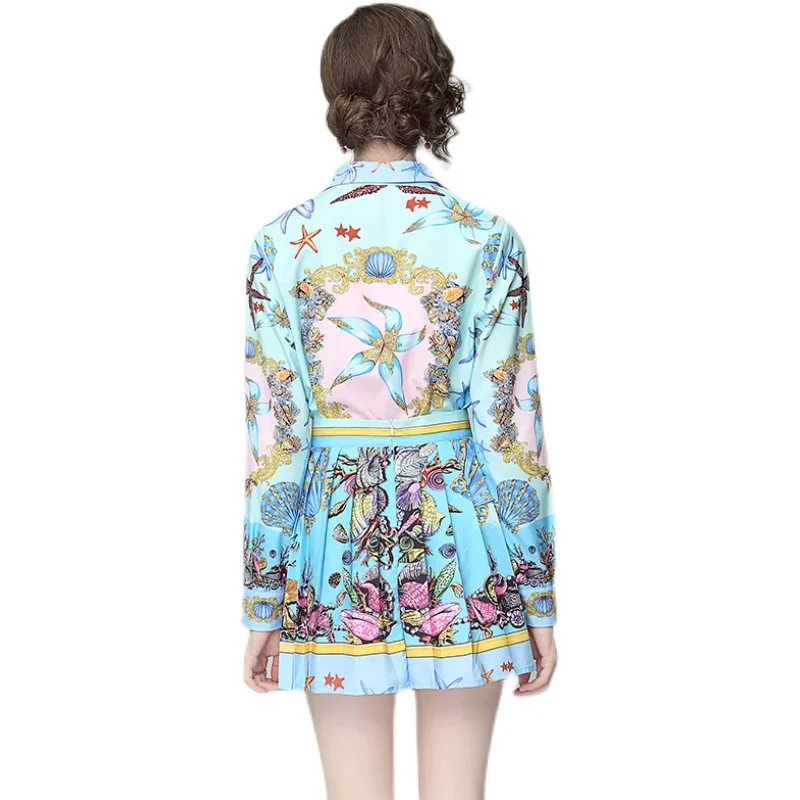 

2021 Spring/Summer New Women's Casual Printed Shirt + Pleated Half Skirt Fashion Ladies Suit
