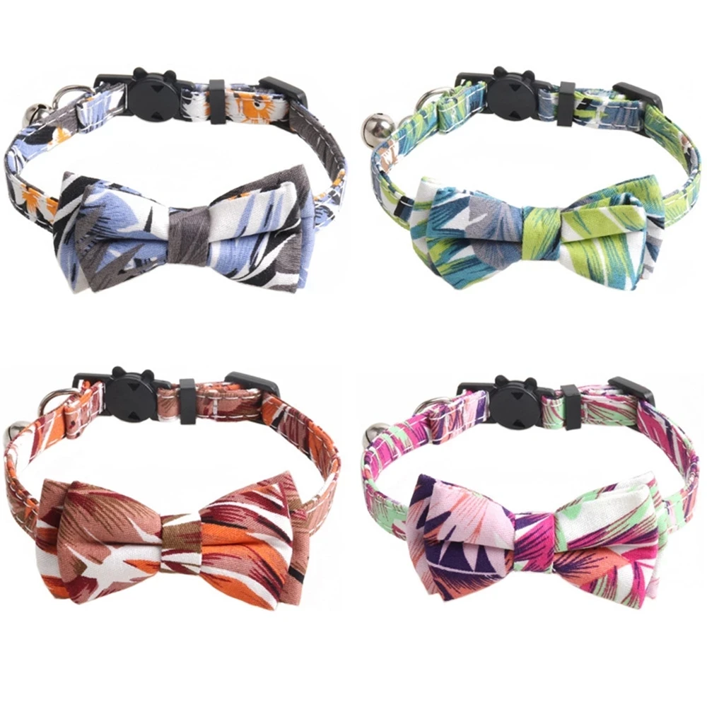 

Hawaii Style Cat Collar with Bell Leaf Pattern Safety Buckle Kitten Collars Adjustable Puppy Bowknot Necklace Chihuahua Bowtie
