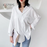 boy friend style loose shirts for women white blue grey oversized blouses 2021 autumn ladies fashion tops work wear clothings