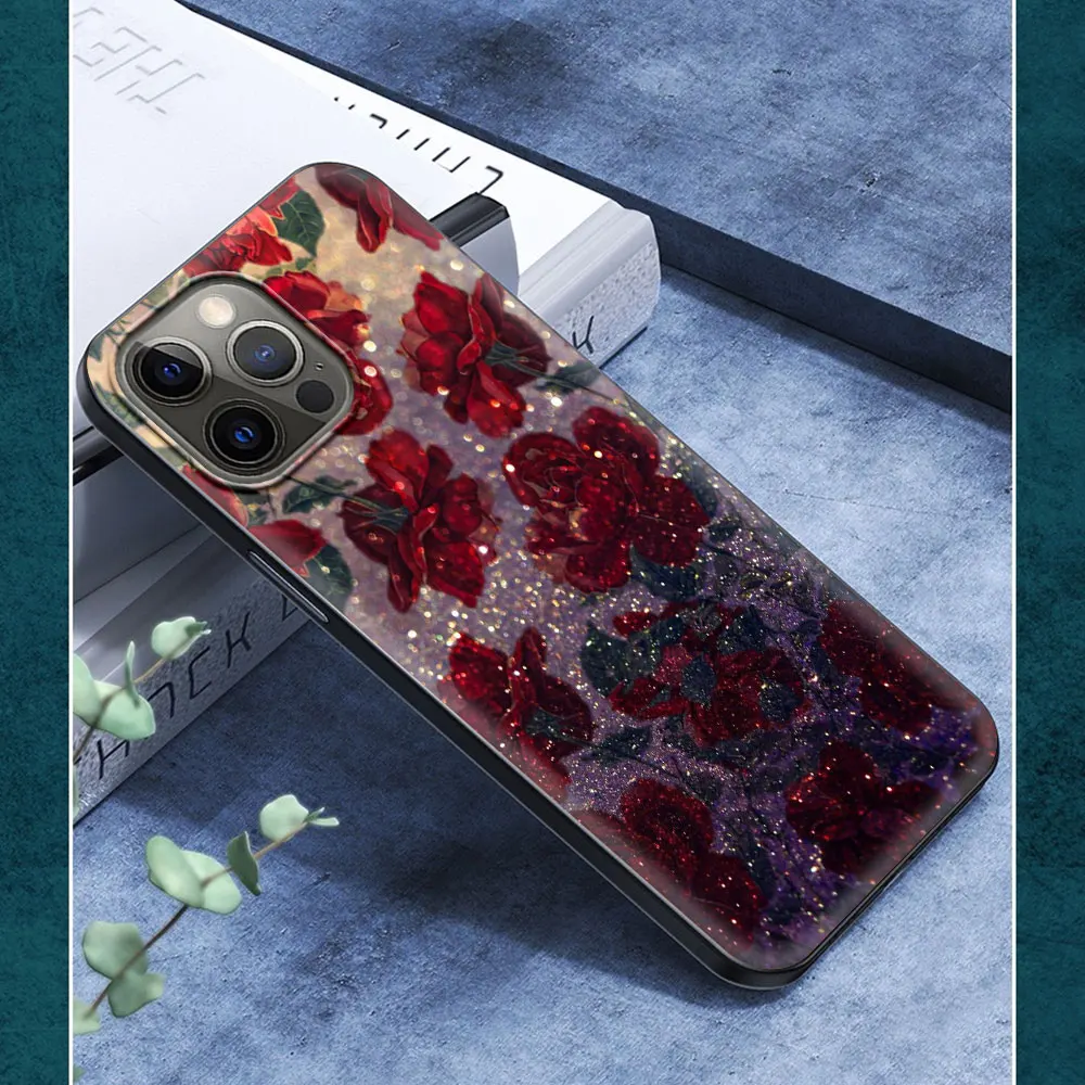 

Phone Case For iPhone 11 12 Pro XS Max 8 7 Plus X XR Silicone Soft TPU Black Shell Back Cover Coque Fundas Capa Bag Red Roses