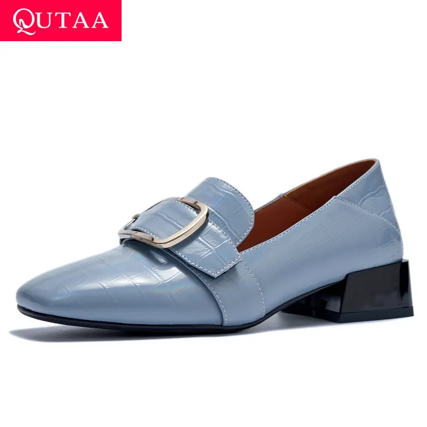 Женские туфли на квадратном каблуке QUTAA черные лодочки из коровьей кожи в стиле