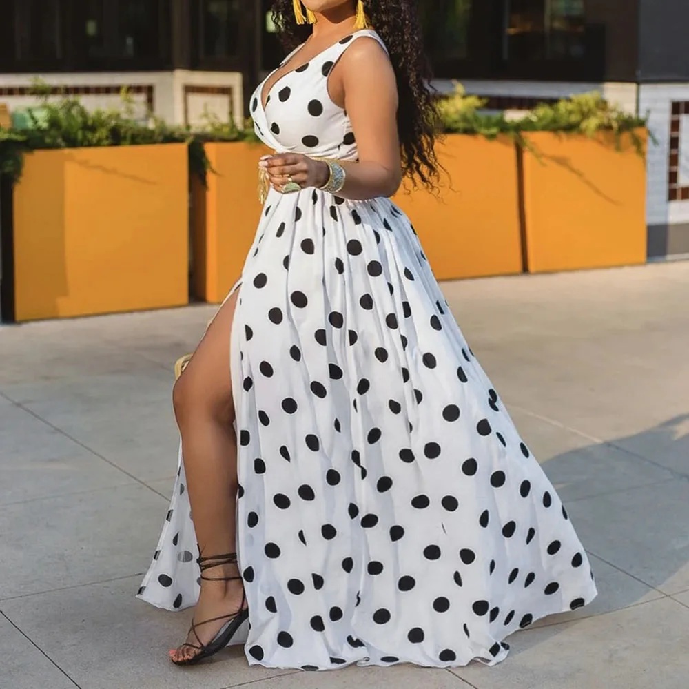 Vestido Abaya largo de fiesta Vintage para mujer, vestido de talla grande blanco y negro, bata estampada de lunares, línea A, Sexy con cuello de pico, vestidos Maxi de playa 2021