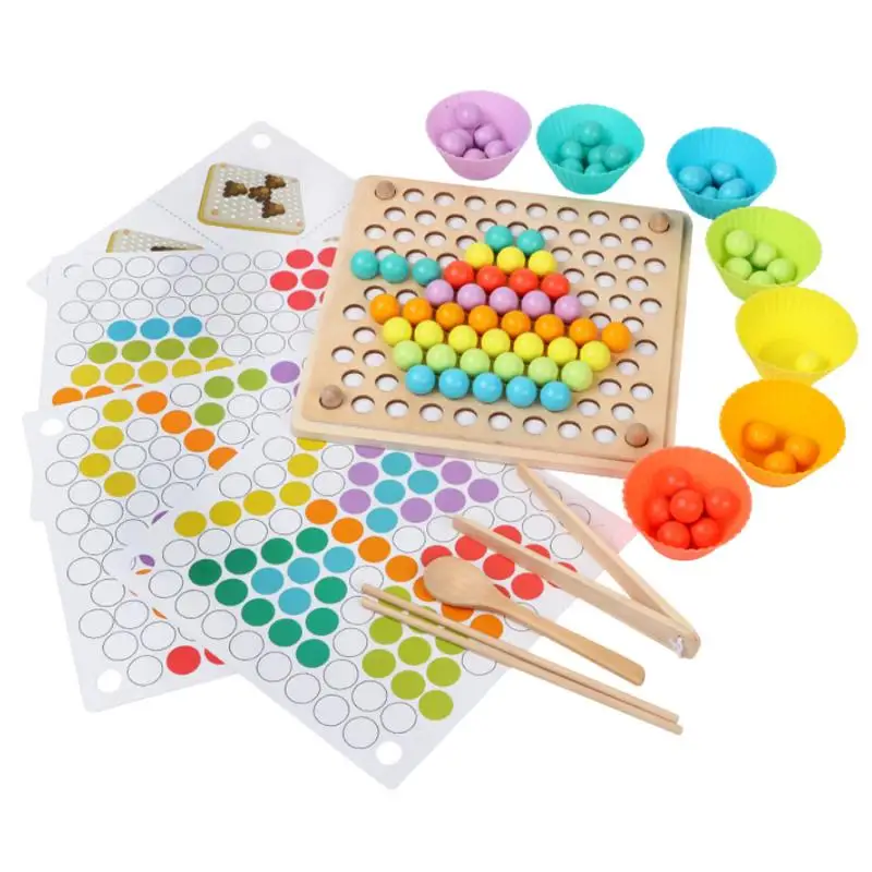 

Dropshipping Kids Montessori Early Educational Toys Wooden Child Toy Clip Chopsticks Beads Color Sorting Matching Puzzle Board
