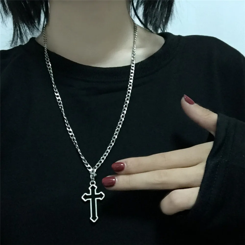 

Vintage Goth Hollow Black Cross Pendant Necklace For Women Men Silver Color Cool Street Style Necklace Jewelry Pendant Cross