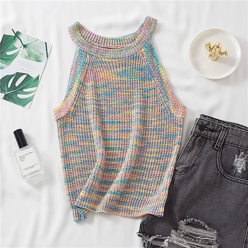 

New Knitted Womens Tank Tops High Quality Summer Round Collar Sleeveless Woman Vests Fashion Slim Fit Sexy Club Lady Vests