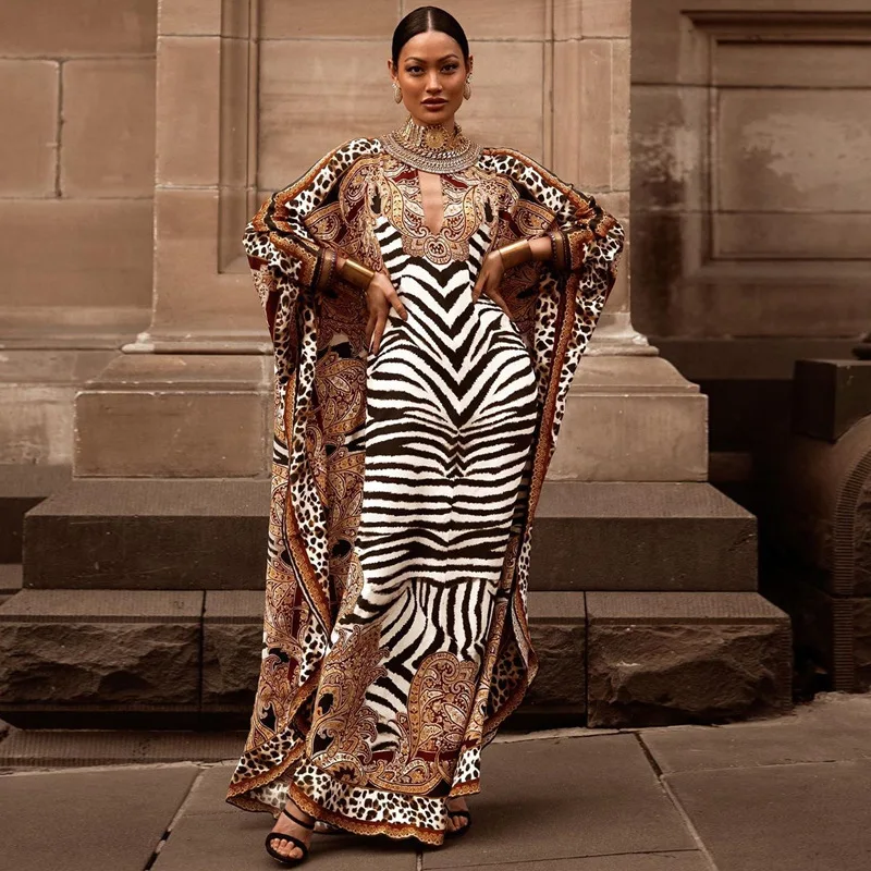 Zebra Printed Dashiki African Party Dress Women Plus Kanga Ladies Gown Muslim Abaya Kaftan Bat Sleeve V-neck Robes Maxi Dress