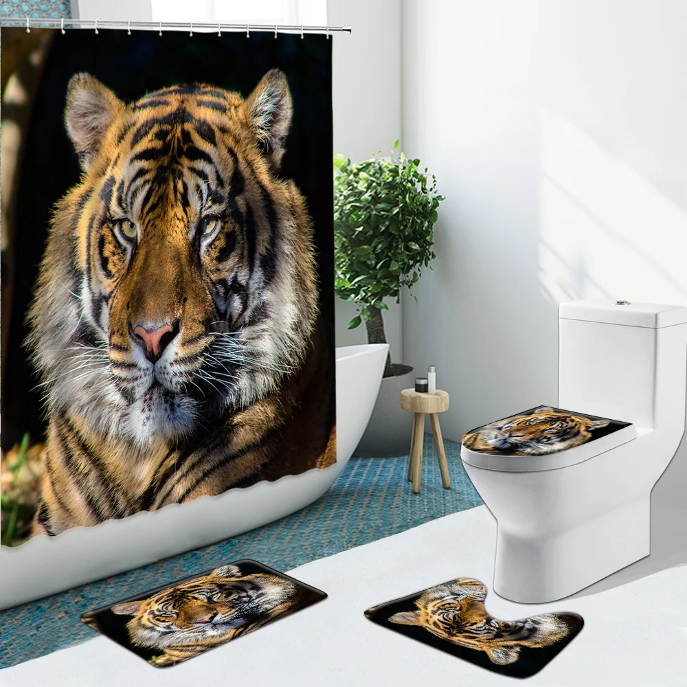 

Black Tiger Animal Printed Shower Curtain Set Bathroom Bathing Screen Anti-Slip Toilet Lid Cover Carpet Rugs Bath Mat Home Decor
