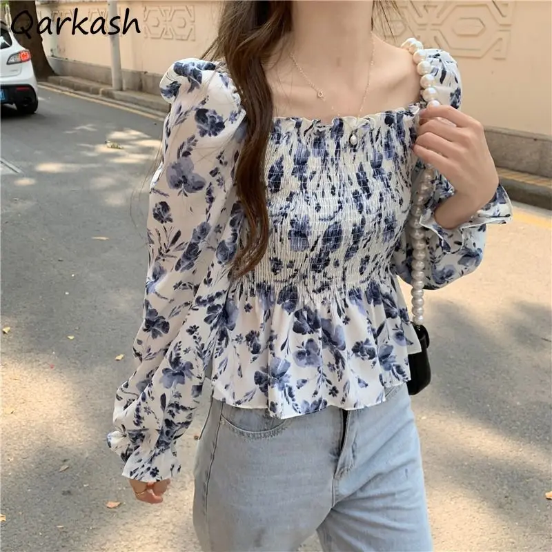 

Blouses Women Chic Daily Summer Folds Design Mori Girl Style Mujer Thin Chiffon Cropped All-match Floral Classy Tops Long Sleeve