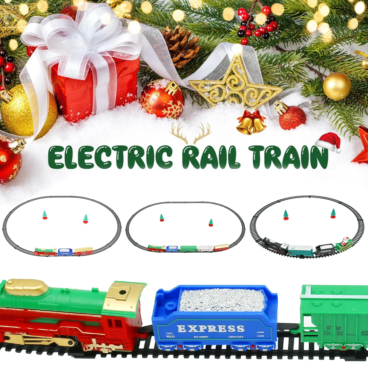 

Christmas Train Sets w/ Locomotive Engine Cargo Car and Tracks Electric Battery Operated Train Toy Set with Light