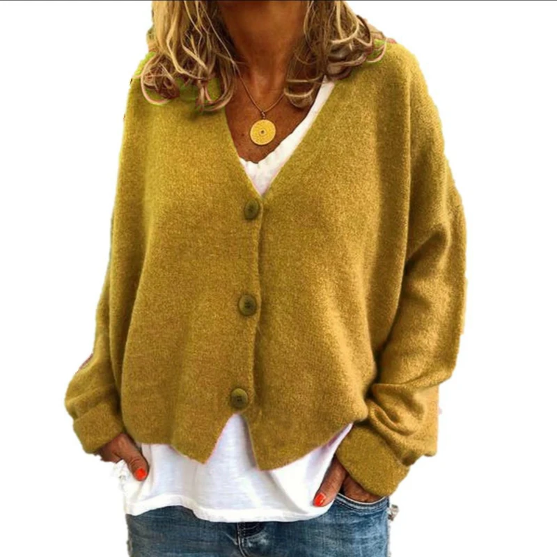 

Plus Size Ladies Button Knit Cardigan Loose V Neck Long Sleeve Autumn Sweater Cardigans Coat Tops Blue Red Solid Female Outfits