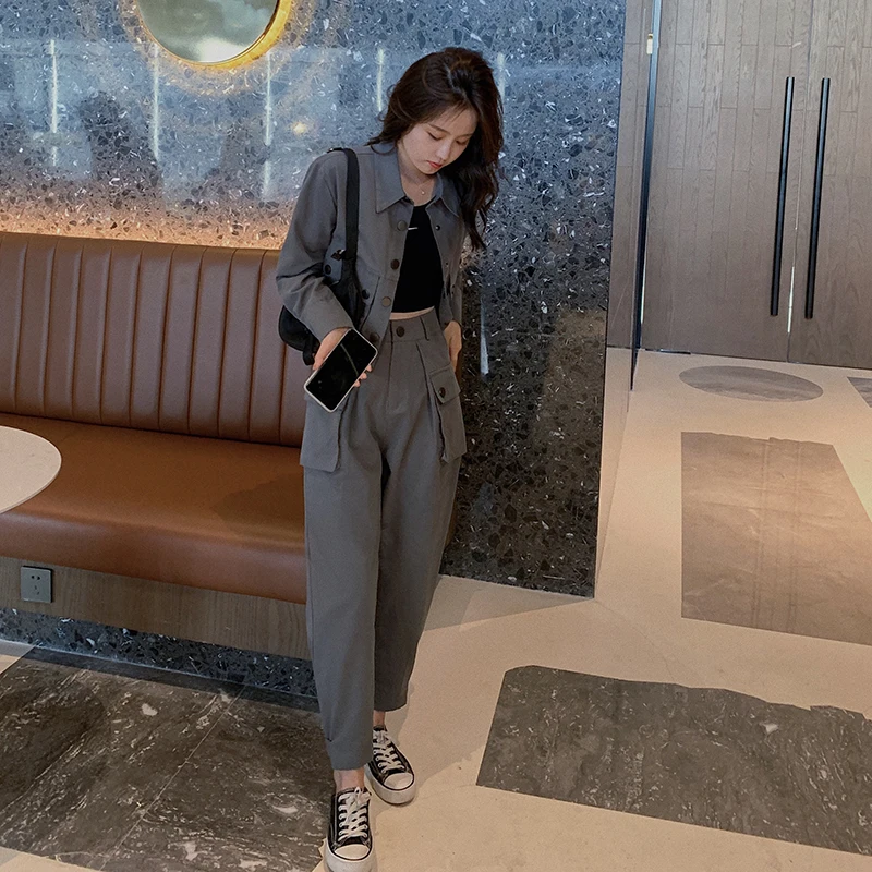 

Overall Suit Women's Tooling Style Fashion Small Elegant Slimming High Handsome Straight-Leg Pants Fried Street Two-Piece Set