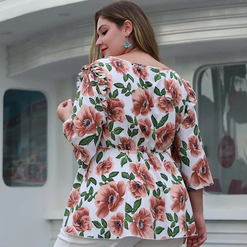 Женская футболка WHZHM с оборками и цветочным принтом размеры до 4XL|Футболки| |