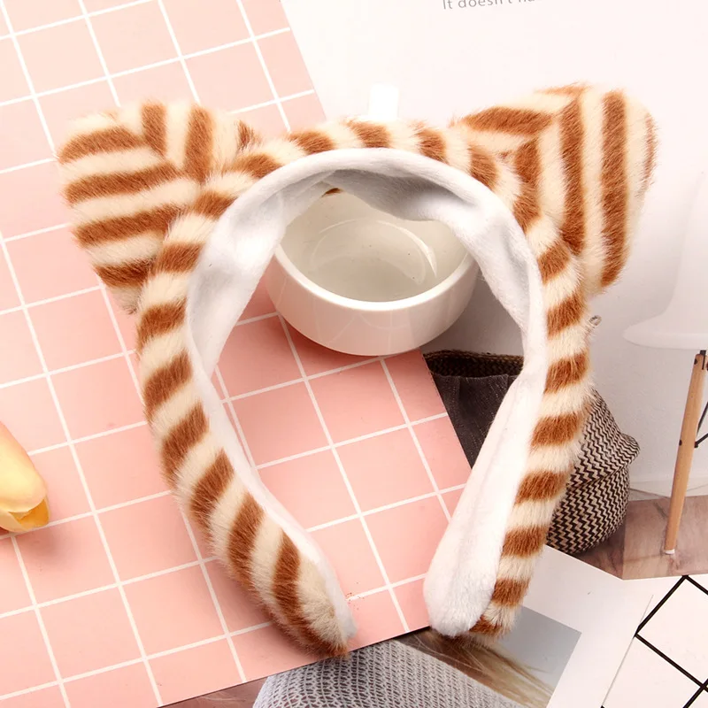 

Soft Plush Cute Stripe Bear Ear Women Headband For Face Washing Makeup Girls Hairband Headwear Hair Accessories