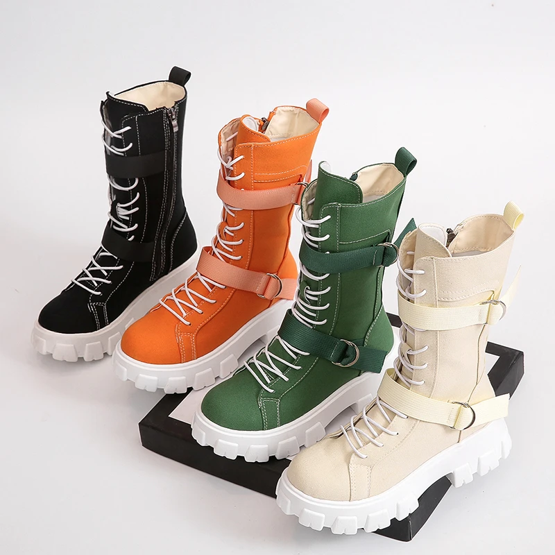 

2021 New Mid-Calf Round Toe Side Zipper Women's Winter High Boots Winter Short Plush Warmth Canvas Women's Boots Botas Mujer