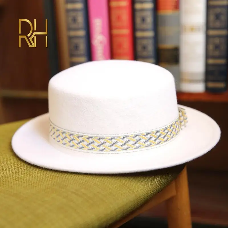 Женская шерстяная шляпа федора плоская с лентой и широкими полями для церкви