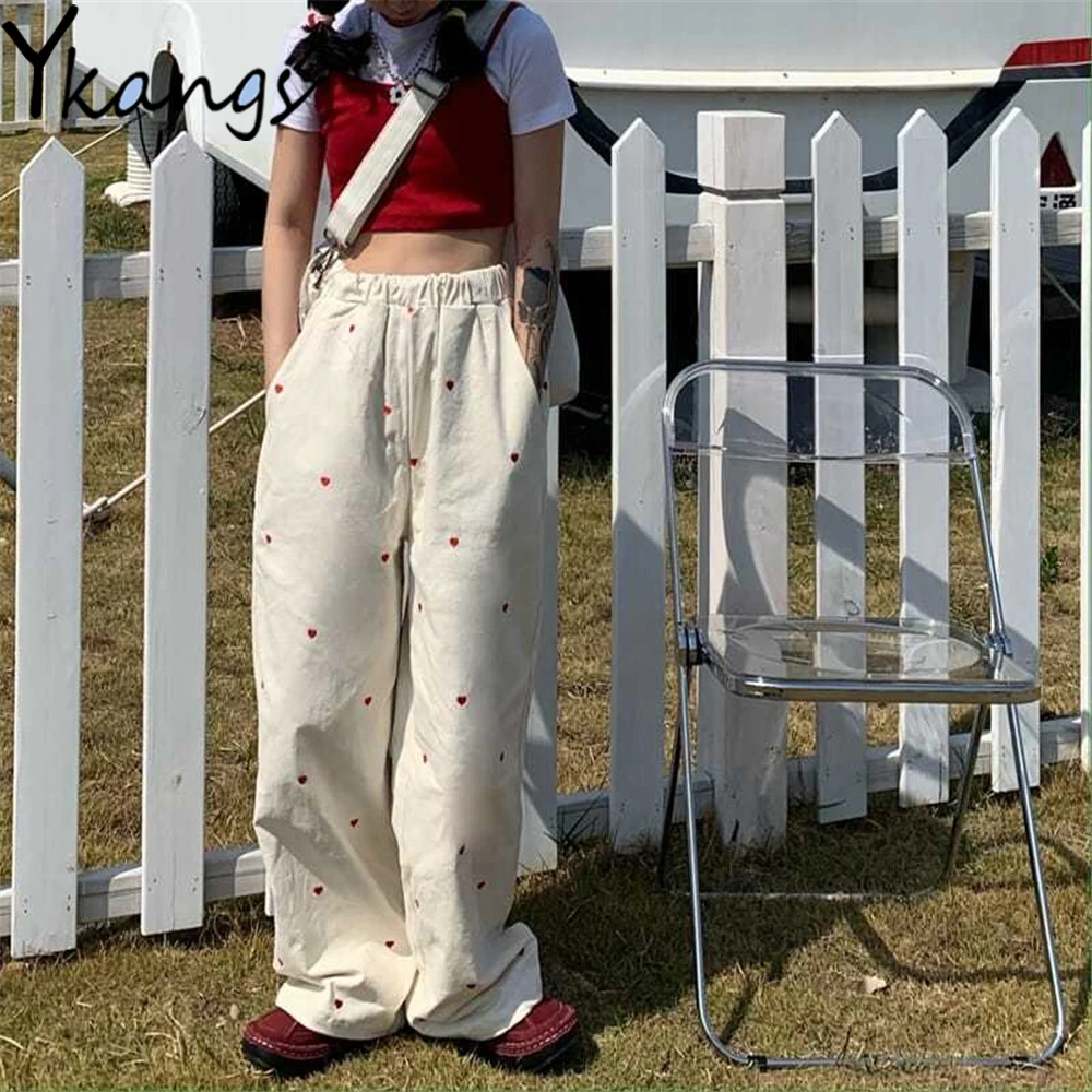 

Elastic High Waist Heart Embroidered White Wide Leg Pants Oversized Baggy Harajuku Sweet Long Pants Vintage Wild Casual Trousers