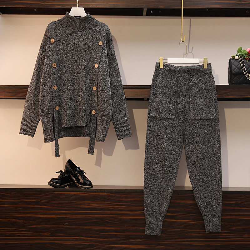 Женский спортивный костюм большого размера плюс вязаный свитер водолазка топ и