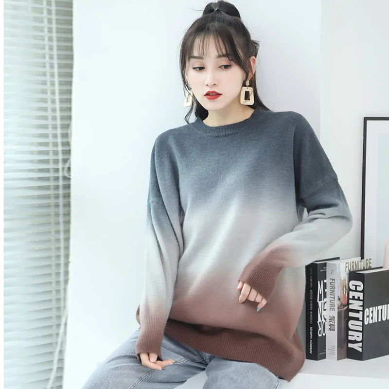 

TIGENA Vintage Women Cashmere Sweaters Autumn Winter Gradient Pullovers Loose Long Sleeve Sweater Female Knit Tops Jumper Lady