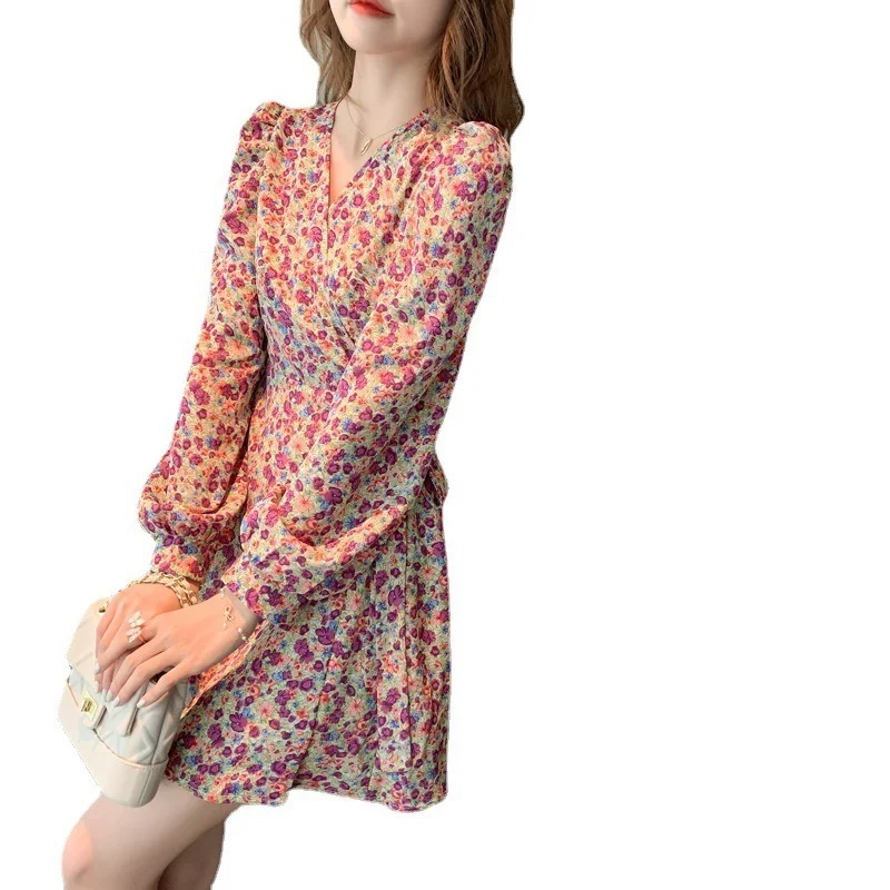 

Floral Dress Women's Spring and Autumn Fashion V-neck Printed Mini Skirt Girly Long Sleeve Casual Dress