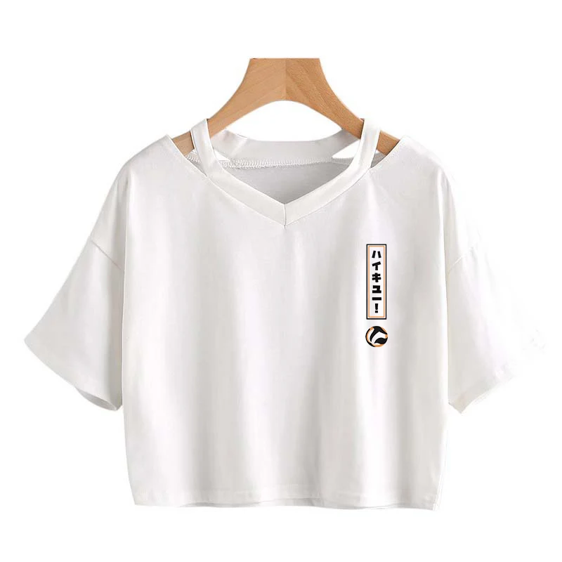 Fly High Oya Haikyuu Print Crop Tops Women T Shirt Harajuku Japanese Anime Bokuto Manga V-neck Short sleeve Cropped Tees | Женская