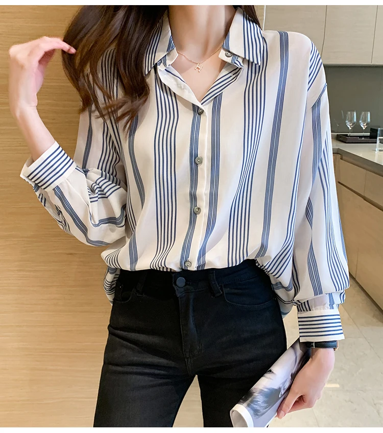 

Spring New Lapel Chiffon Shirt Retro Stripe Shirt Female Lazy Style Design Sense Of Minority Long Sleeve Fashion Casual Shirt