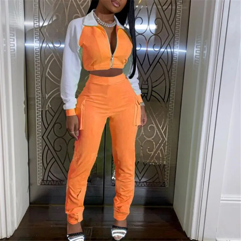 

Women Sports Clothes Outfit Long Sleeve Zipper Lapel Short Top + Long Pants with Pockets Solid Color Female Clothing Streetwear