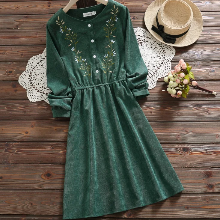 Mori Girl/весеннее женское вельветовое платье с цветочной вышивкой Kawaii Mujer Vestido