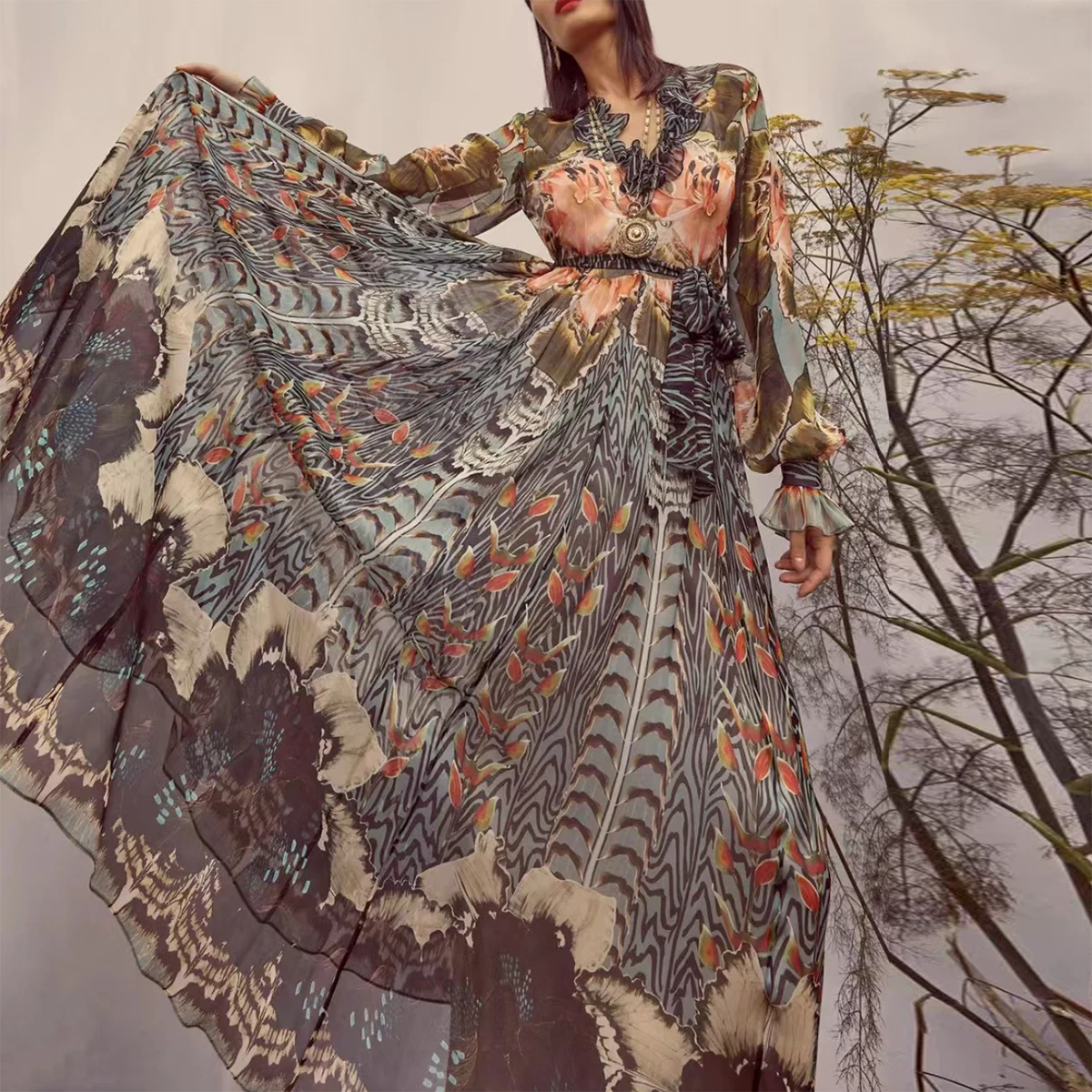 

Ruffle V-neck Vintage Maxi Dress For Women Autumn Floral Flowing Hem Long Dress With Belt Boho Chiffon Chic Vestidos Party Femme