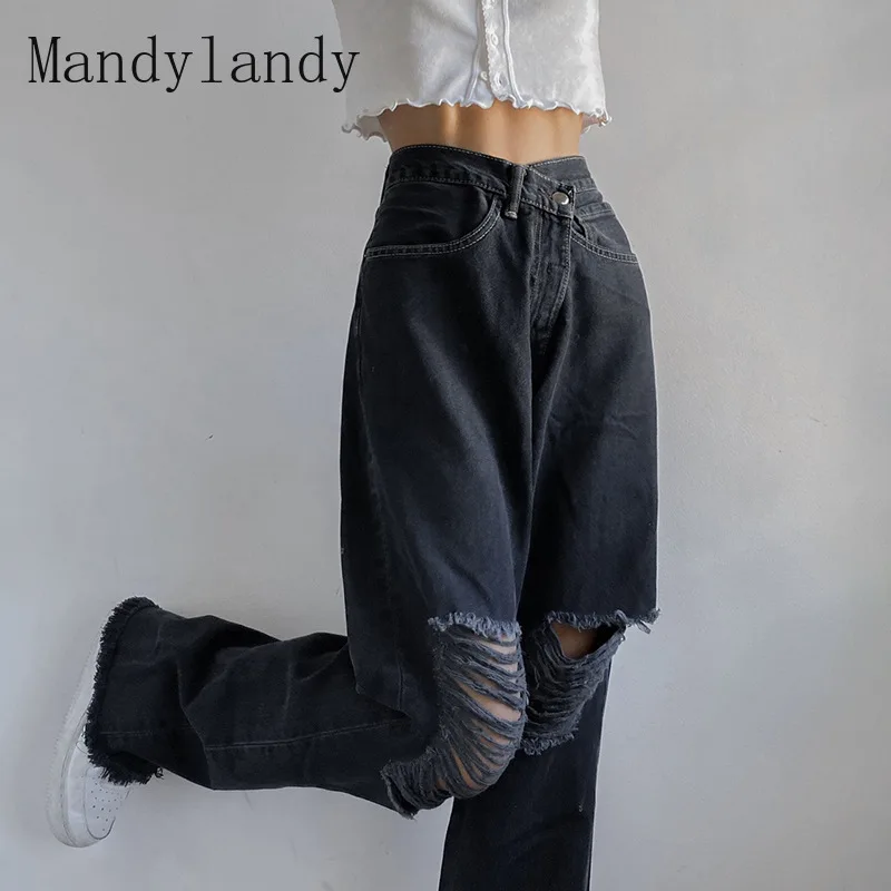 

Mandylandy Jeans Women's Casual High Waist Button Straight Jeans Spring and Autumn Fashion Solid Color Loose Hole Denim Pants