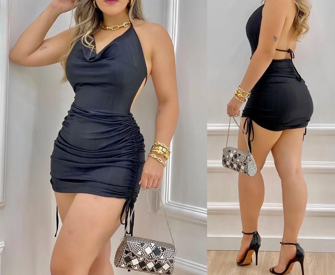 

Black Dress Women Summer 2021 New Suspender Drawcord Fold Lace Up Sexy Dress Hip Short Dresses