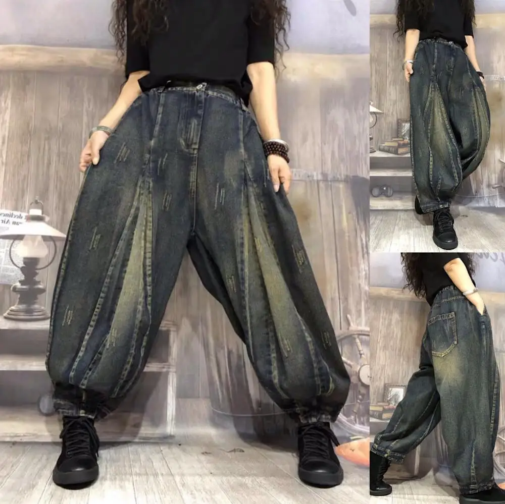 Осенние и зимние новые ретро старые джинсовые широкие брюки для женщин свободные