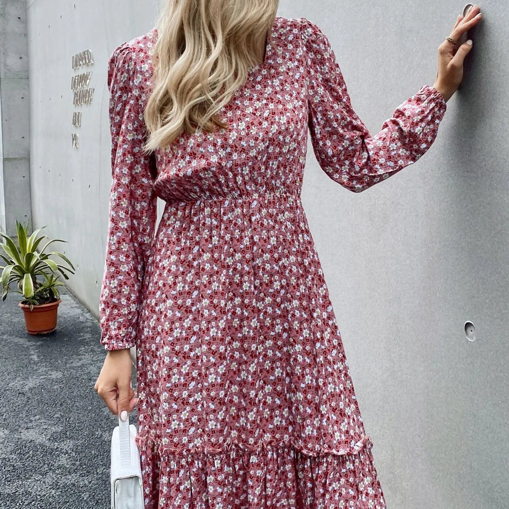

Elegant Sweet Printed Dress Long Sleeve Square Collar Floral Dresses Mid-calf Leisure Pullover Dress Boho Girl Women's Clothing