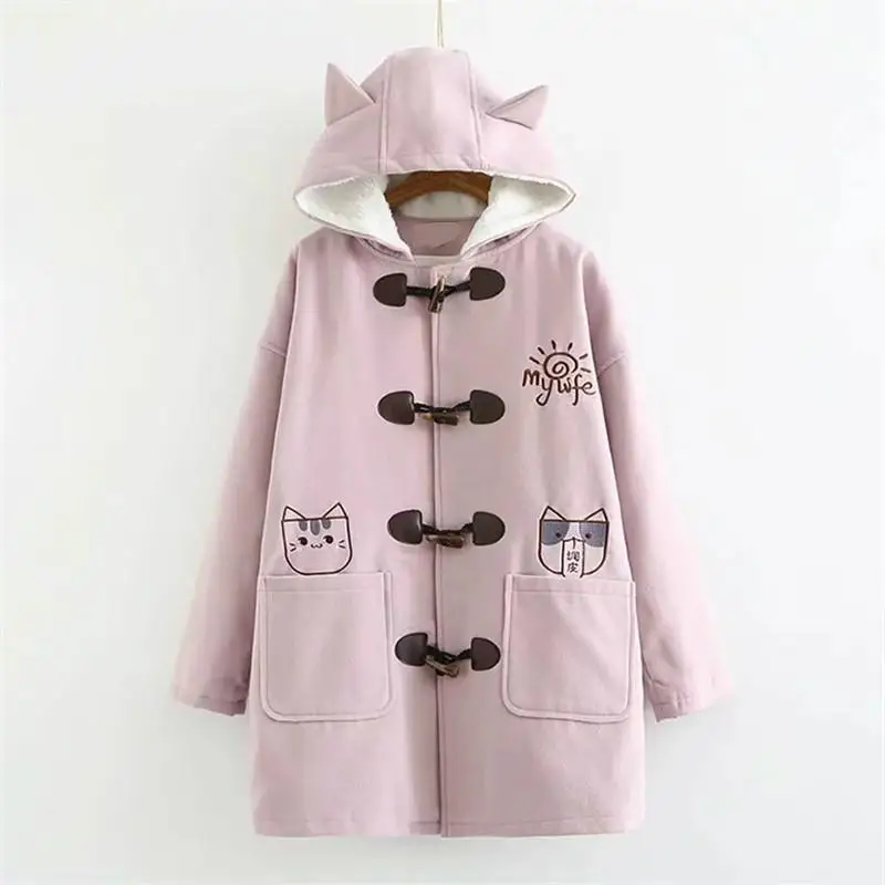 Теплая зимняя куртка с капюшоном в японском стиле Kawaii для девочек длинное шерстяное пальто с вышитыми карманами и пряжкой в виде кошки плотная Шерстяная Одежда Mori Girl - Цвет: Розовый