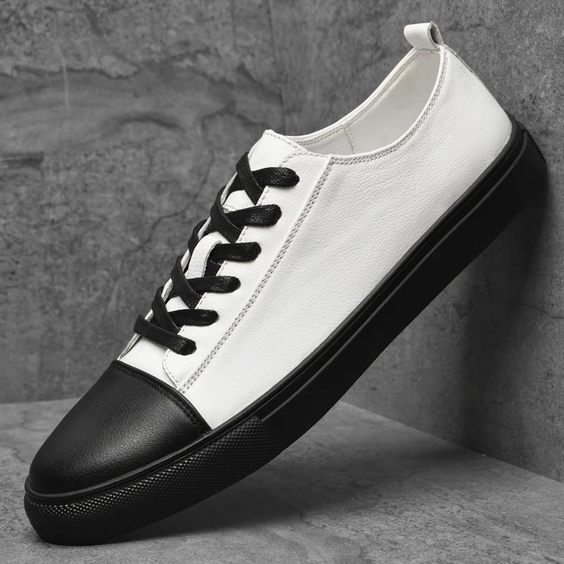 

100 % Cow Leather Shoes For Men Casual And Shoes Band Simple Walking Flats Fashion Black White Sneakers