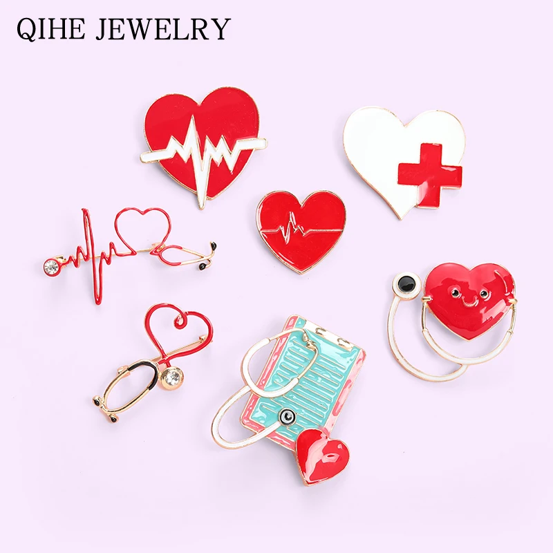 

Medical Brooches Nurse Pins Stethoscope Heart Electrocardiogram Enamel Lapel Pin Badge Jewelry Metal Gift for Doctor Wholesale