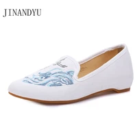 crane on river embroidered women canvas flats ladies casual pointed toe denim ballet shoes comfort woman retro slip ons oxfords
