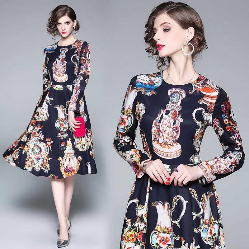 2019 дизайнерское подиумное платье с длинным рукавом круглым вырезом цветочной