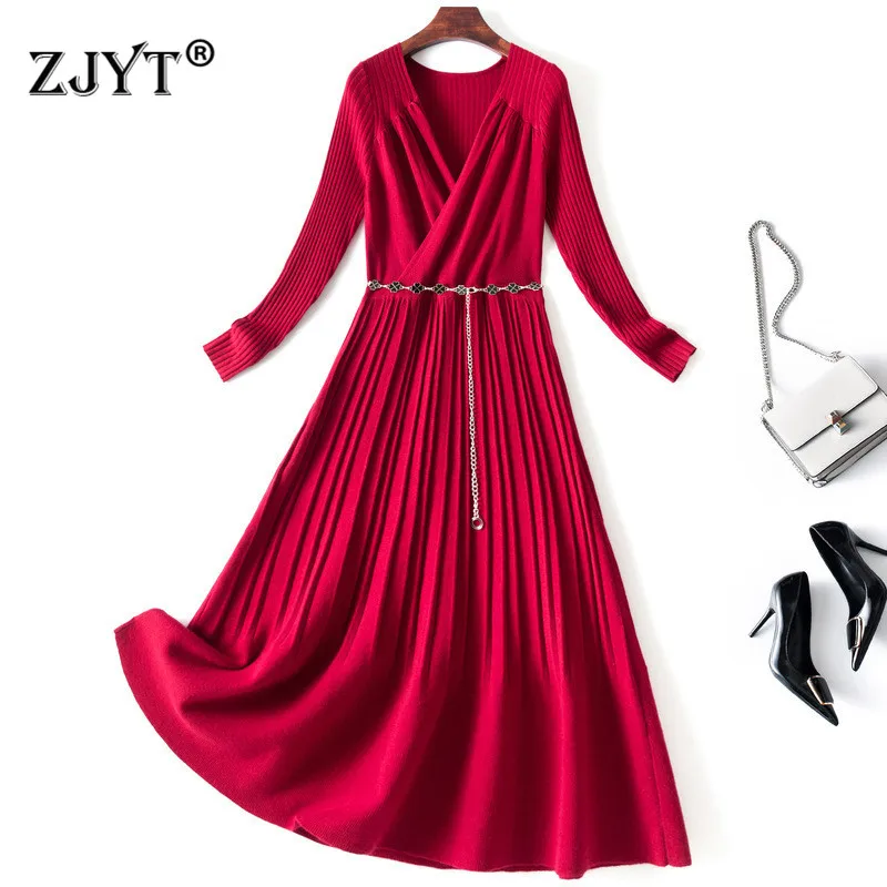 

Женское трикотажное платье-свитер с V-образным вырезом и длинным рукавом