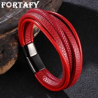 fortafy trendy red leather bracelets men stainless steel multilayer braided rope bangles for male wristband jewelry gifts fr1076