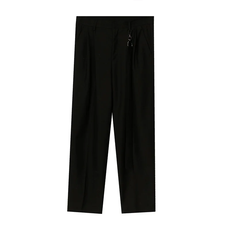 

IEFB Men's Clothing 2021 Spring New Trousers Korean Fashion Slim Fit Solid Color Mid Waist Casual Suit Pants With Pendant 9Y5825