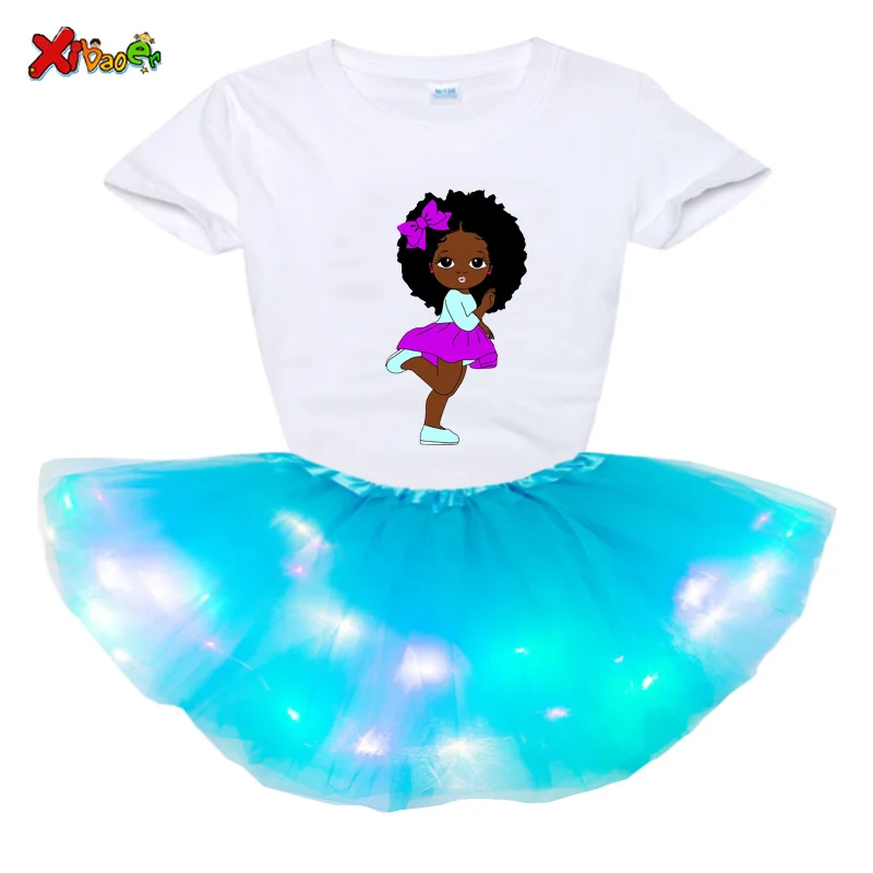 Kids Dresses Girls Short-sleeved T-shirt + Luminous Dress 2 Pc Sets Dots Soft Cotton Children Clothing Bowknot Girls Casual Wear