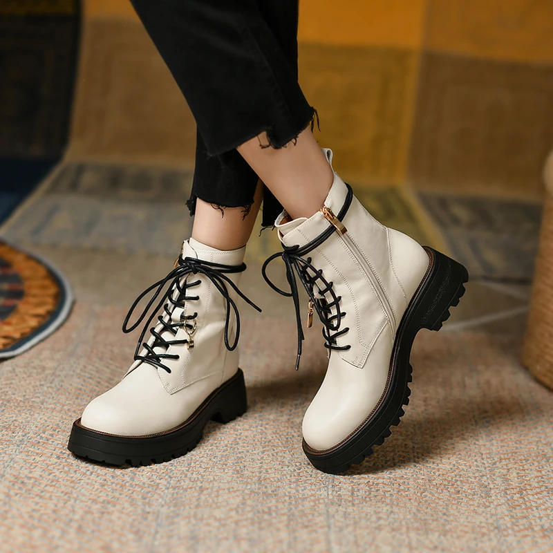 Murah Sepatu Bot Pergelangan Kaki Wanita Mode Retro Baru Musim Gugur Musim Dingin 2021 Sepatu Hak Tebal Ujung Bundar Kulit Asli Bertali Sepatu Kerja Kasual Wanita