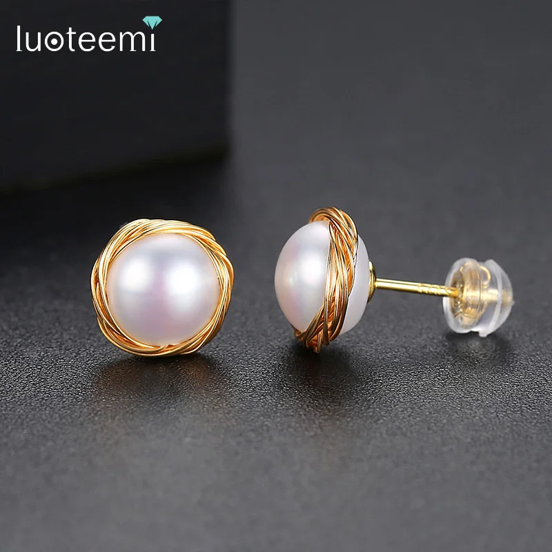 

LUOTEEMI Trendy Pink Round Pearl Stud Earrings for Women Girls Wedding Party Elegant Fashion Korean Gift Elegant Wedding Jewelry