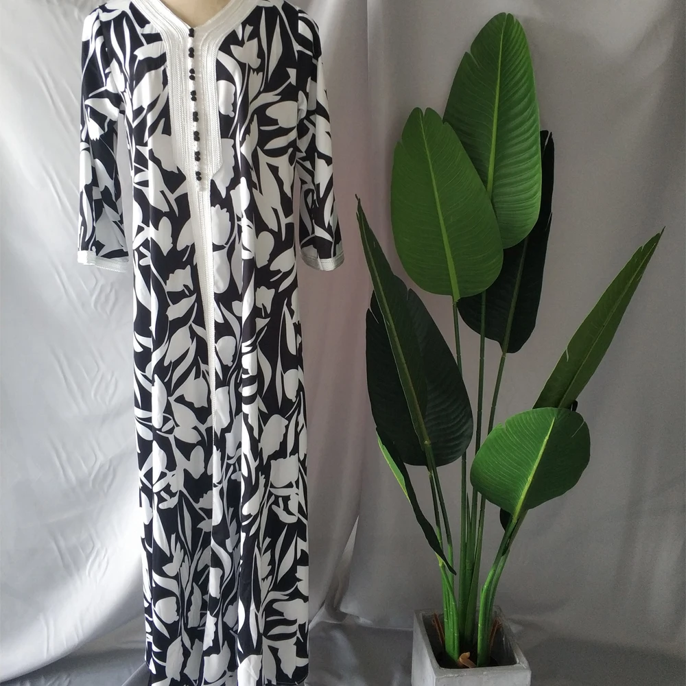 

Women Ethnic Long Arabic Dress Loose Printed Muslim Fashion Braided Trim Dubai Caftan Moroccan Jelleba Party Eid Ramadan Black