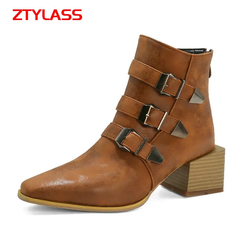 

Fashion Zipper Snake Print Motorcycle Boots Women Buckle Thick High Heel Ankle Boots Autumn Winter Square Toe Shoes Woman