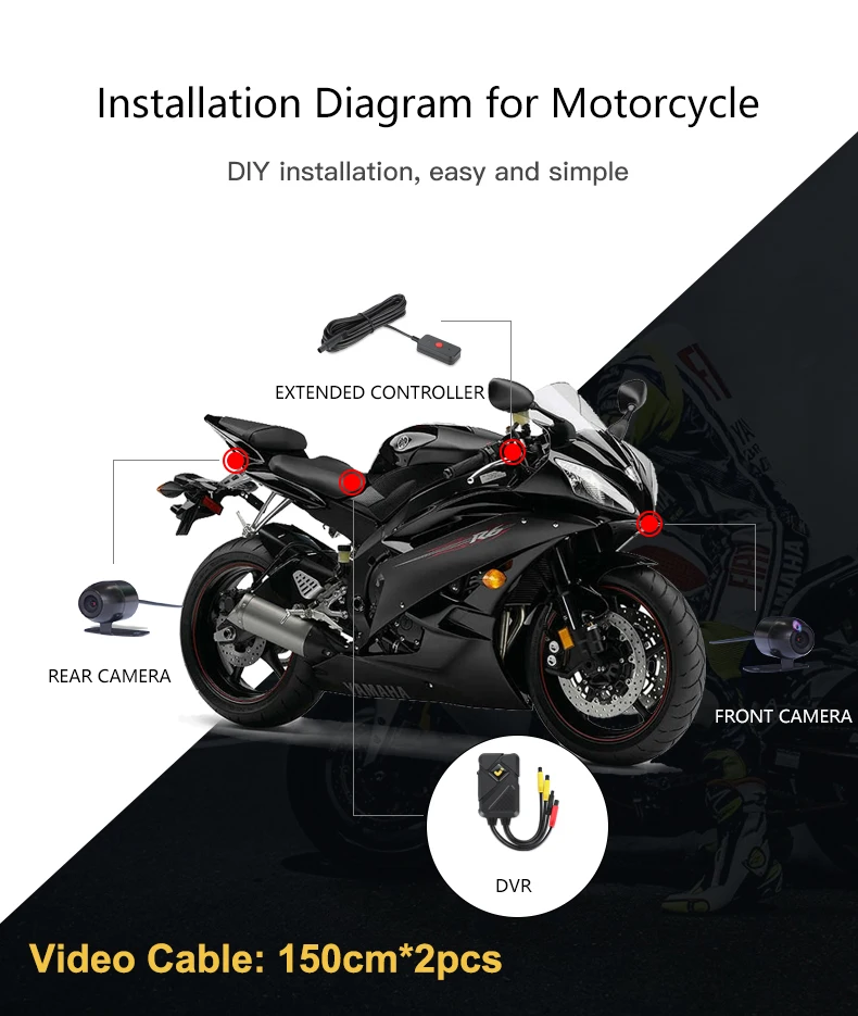 Мотоциклетный видеорегистратор 1080P + 720P вид спереди и сзади 2-канальный черный