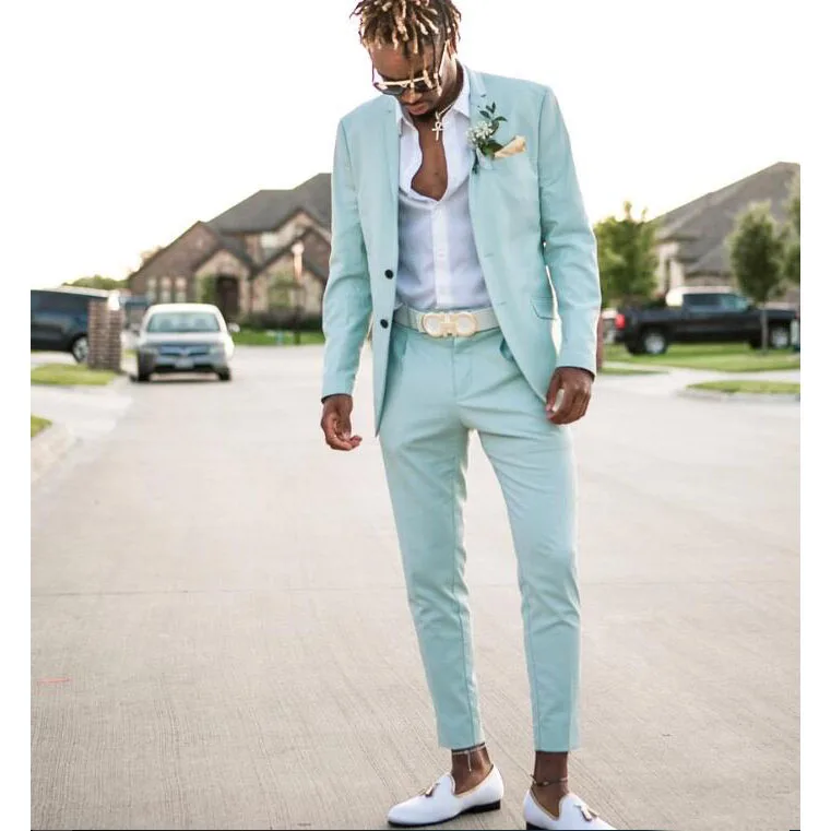 

Mint Casual Sport Man Suits for Prom Party Wedding Tuxedos Peaked Lapel 2 Piece Male Set Jacket Pants New Fashion