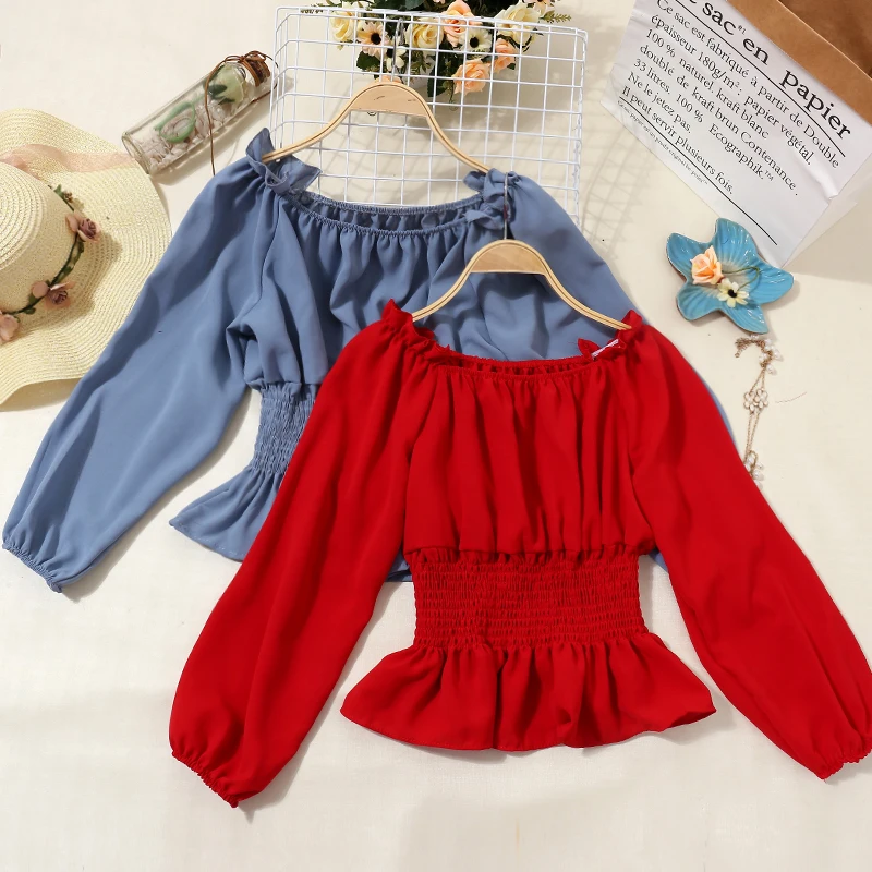 

2021 Summer Women Lantern Sleeve Slash Neck Pleated Ruffle Basic Shirt Lady Short Sexy Elastic Slim Waist Party Chic Blouse Tops