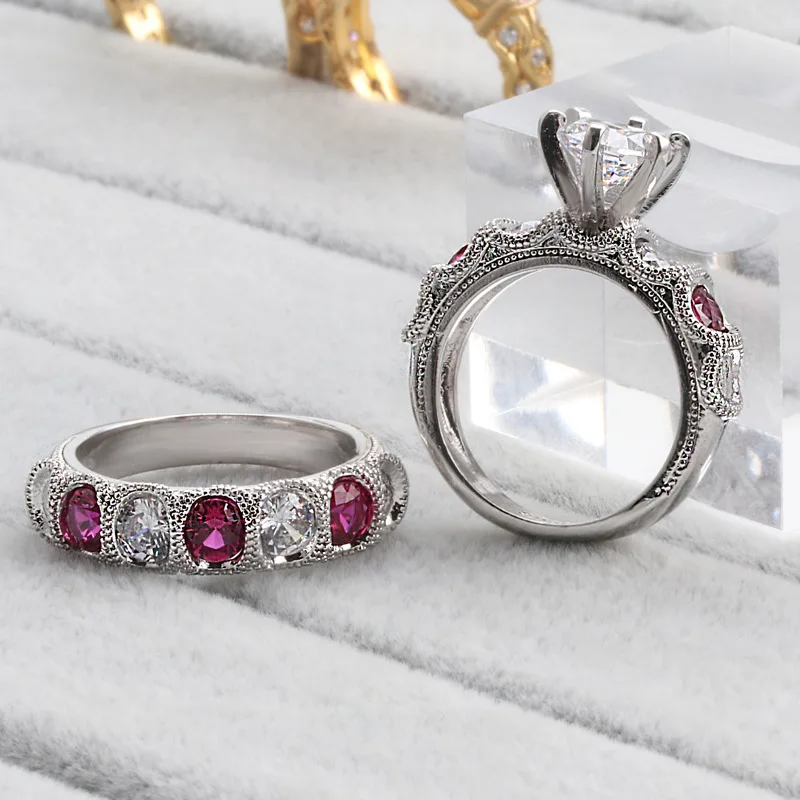 

2 шт. из белого золота 1,25 карат Имитация алмазов рубиновое кольцо для женщин королевский роскошное кольцо из красного драгоценного камня об...