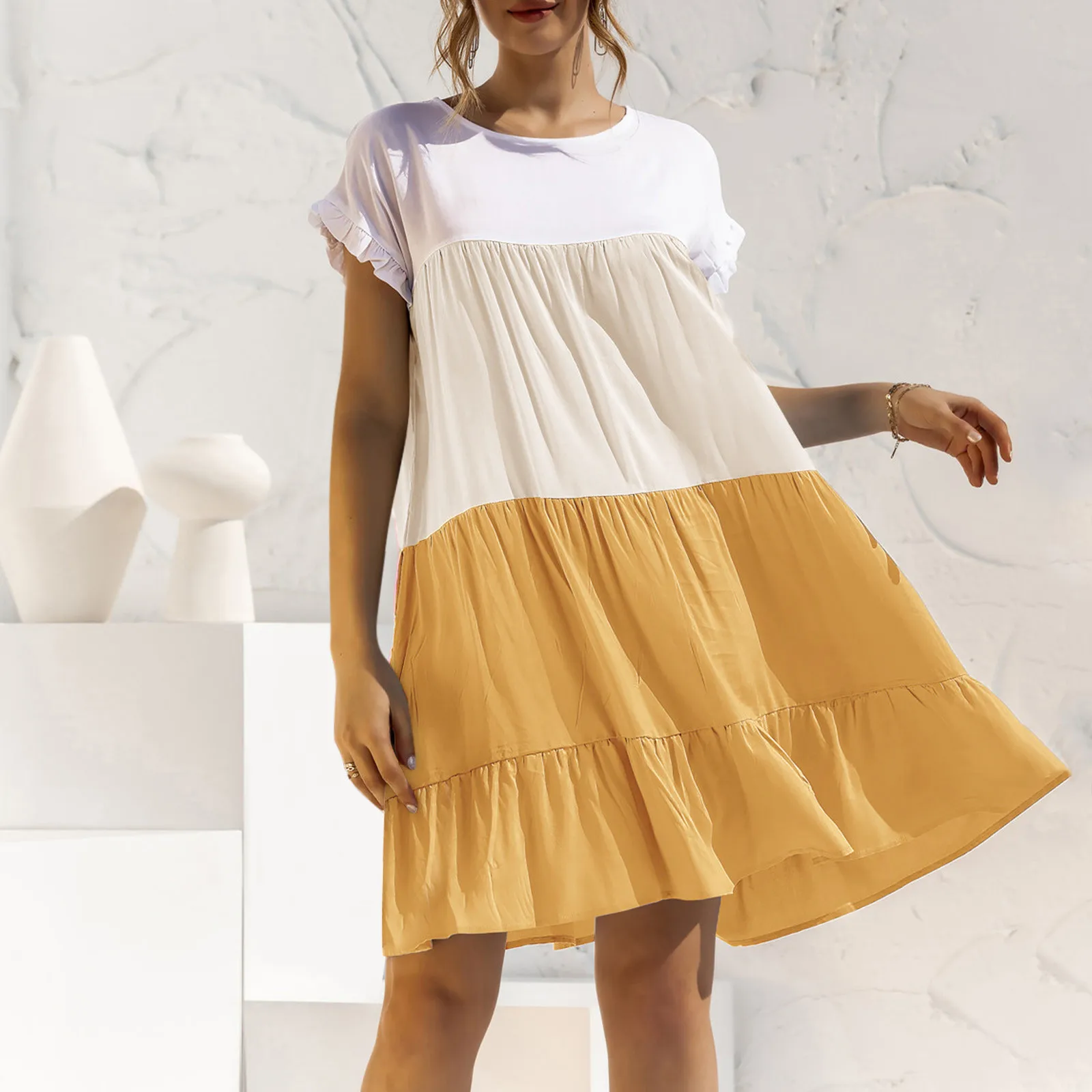 

Ladies Summer Fashion Round Neck Stitching Loose Dress Short Skirt Boho Dress Vestidos Robes summer Dress For Women 2021